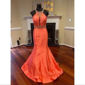 Coral Prom Dress w/ Rhinestone and Pearl Detailing
